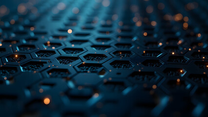 Hexagonal circuit grid with internal star patterns and gold connections on black graphene-inspired substrate.
