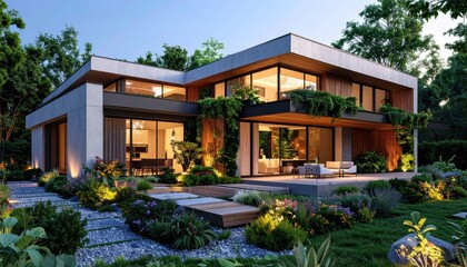 Fototapeta premium Modern Dream Home Contemporary Design Lush Garden at Dusk.