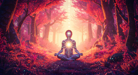 Fototapeta premium Inner Light: Meditative Figure in Enchanting Forest
