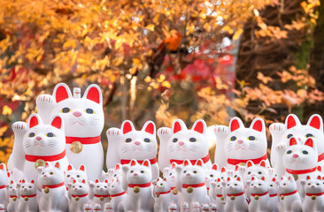 Group of manekineko, Japanese cat figurine, at Gotokuji Temple in Tokyo with background of autumn color