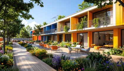 Modern hotel exterior with colorful facade and lush garden terrace.