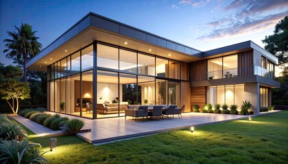 Modern Villa Dusk Luxe Living with Open Floor Plan  Lush Lawn.