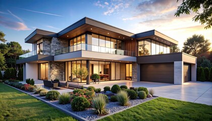 Modern luxury home at sunset with manicured lawn and natural backdrop.