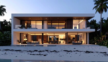Modern beach house at twilight Luxury coastal living by the sea.