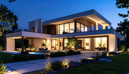 Modern Dream Home Luxury Villa at Night with Illuminated Elegance.