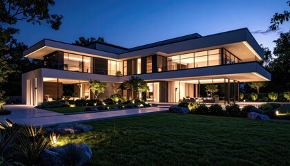 Luxury Modern Villa at Night Architectural Design and Landscaping