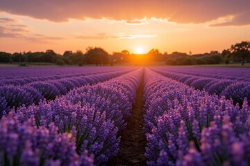 Fototapeta premium A purple field of lavender in front of a sunset.