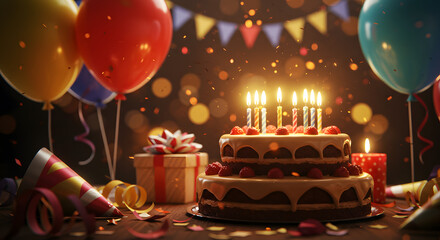 Birthday Cake with Candles and Balloons