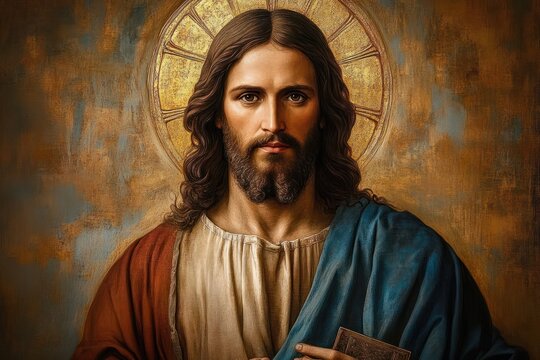 Portrait of a serene bearded man with long hair wearing a robe and cloak, with a golden halo behind his head symbolizing holiness and calmness