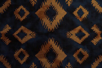 Dark fabric with repeating orange diamond shapes featuring intricate fringed edges creating a tribal pattern