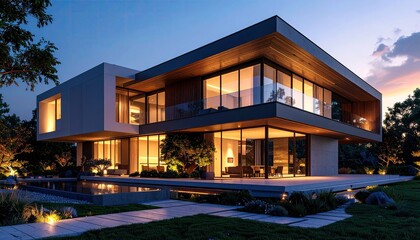 Modern Luxury Home Design Nighttime Architectural Rendering