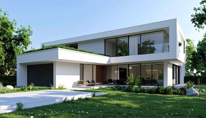 Modern Architectural Design Luxury White House with Green Roof and Expansive Windows