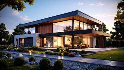 Modern Architectural Design Luxury Two-Story House with Stunning Night View