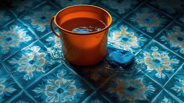 Bright cleaning bucket filled with water and mop head submerged, on patterned floor