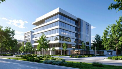 Modern Office Building Architectural Rendering Sleek Design and Landscaping