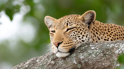 Fototapeta premium Leopard resting peacefully on tree branch in natural habitat
