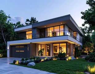 Modern Two-Story House Design with Stunning Nighttime Illumination