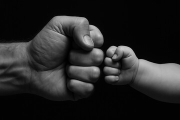 Fathers hand and baby hand bumping fists black and white