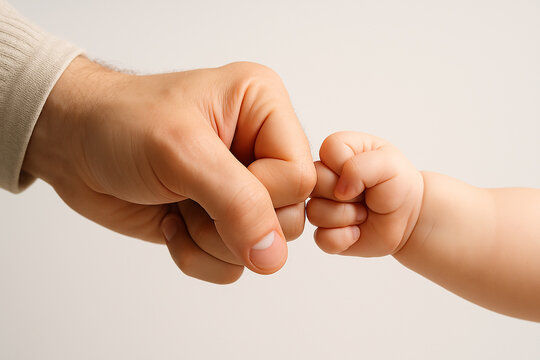Fathers hand and baby hand bumping fists together