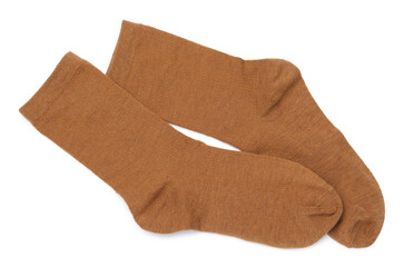 Pair of brown socks isolated on white, top view