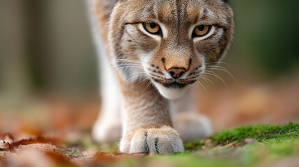 Fototapeta premium Rare lynx silently walking across autumn forest floor in close-up macro view