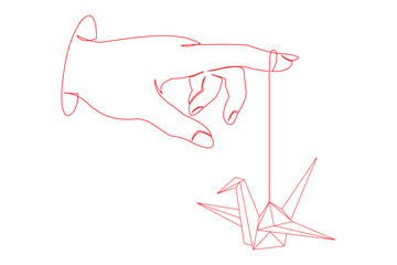 vector line art style hand and origami paper crane