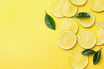 Slices of fresh limes and green leaves on yellow background, flat lay. Space for text