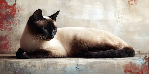 Siamese Cat Portrait: An elegant Siamese cat with piercing blue eyes and distinctive colorpoint pattern relaxes with a regal air.