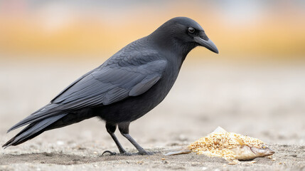 Obraz premium Crow investigating oil-contaminated fish carcass on sandy shoreline