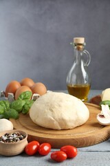 Making pizza. Different ingredients on gray wooden table