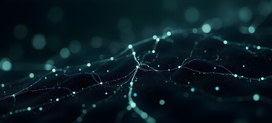 Organic neural circuit with tiny circles and zigzag lines, glowing connections on dark background, biotech inspired.