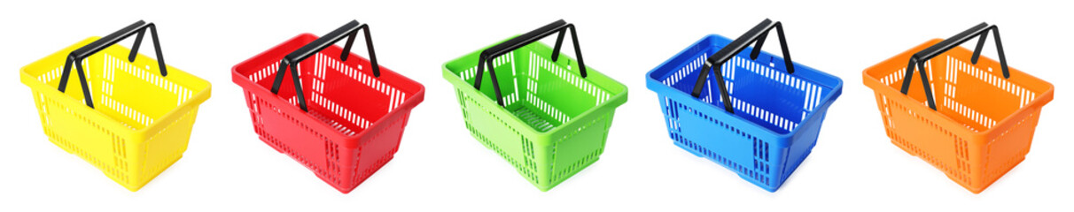 Shopping baskets in different colors isolated on white, set