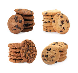 Yummy chocolate chip cookies isolated on white, collage