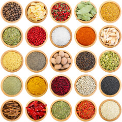 Different aromatic spices in bowls isolated on white, set. Top view