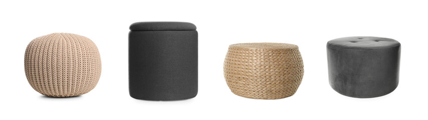 Different poufs isolated on white, collage. Interior element