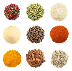 Different aromatic spices on white background, set. Top view