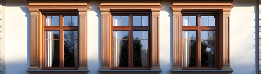 Fototapeta premium Three elegant wooden windows with architectural details.