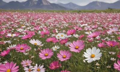 Vast cosmos field, vibrant pink and white blooms,  background,  spring