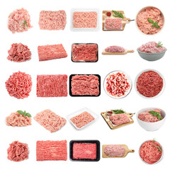 Fresh raw minced meat on white background, collage