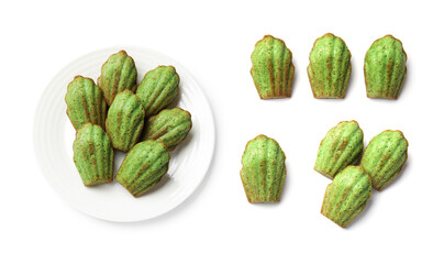 Tasty matcha madeleine cakes on white background, set. Top view