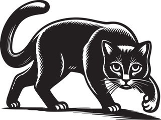 A black feline vector illustration depicts a domestic cat silhouette