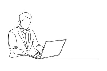 Continuous one line drawing of Business man working on laptop. Single line drawing illustration of Businessman typing on laptop. Remote virtual meeting concept vector art. Doodle line illustration.