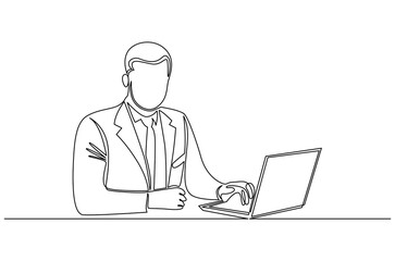 Continuous one line drawing of Business man working on laptop. Single line drawing illustration of Businessman typing on laptop. Remote virtual meeting concept vector art. Doodle line illustration.