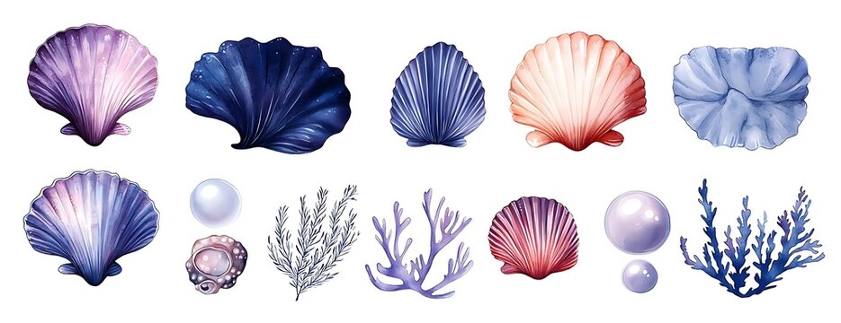 Ocean shells, pearls, coral. White background. Design element
