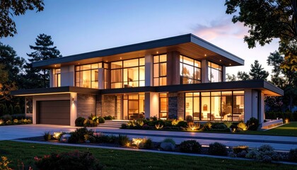 Modern Home Glow Dusk Illuminates Contemporary Dream House.
