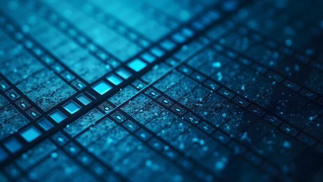 Pixel-perfect square grid with X-marked cells, memory circuit texture, computational precision theme.