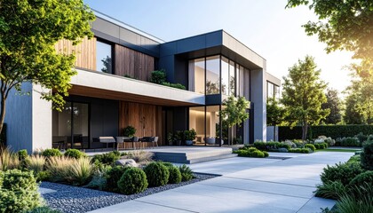 Modern Marvel Contemporary Home with Lush Landscaping at Sunset.