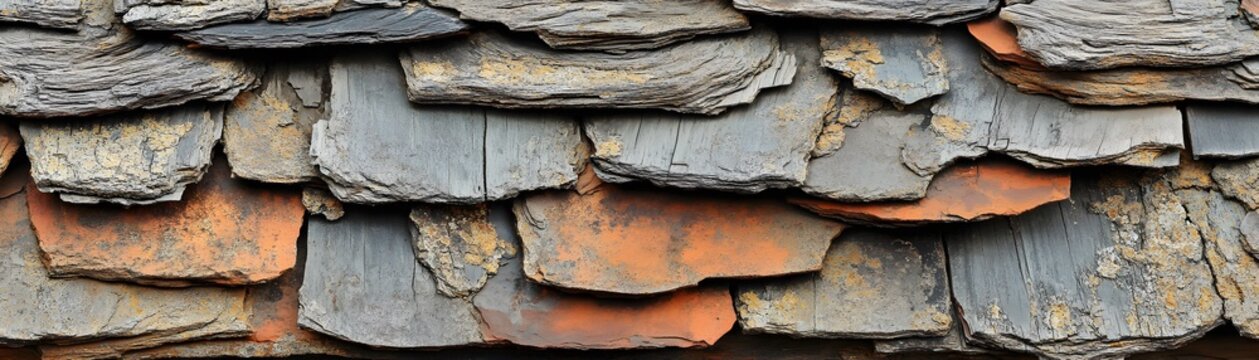 Closeup view of a layered stone roofing.