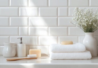 A minimalist bathroom countertop with white towels, bar soap, a toothbrush with wooden handle, soap dispenser, a small ceramic container, and a vase of white flowers against a white tile wall
