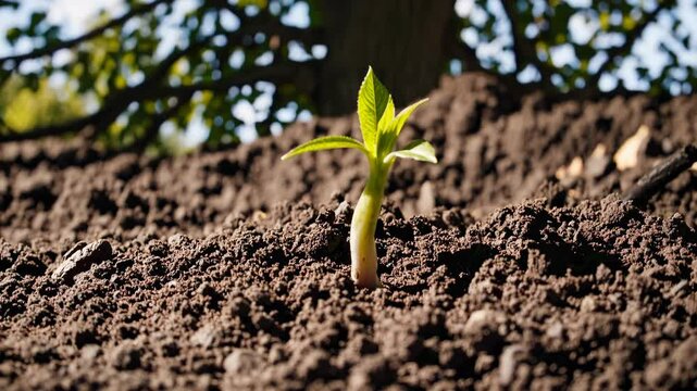 Time-lapse animation of a seed germinating and growing into a mature tree, depicting the full life cycle and symbolizing growth, nature, and development. Visual concept of progress.